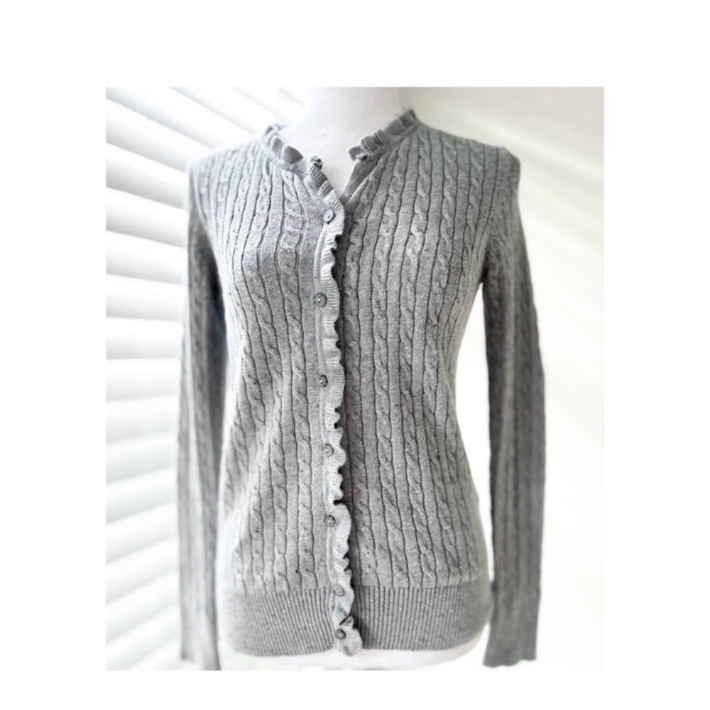 Eddie Bauer Light Gray Cable Knit Ruffle-Trim Cardigan